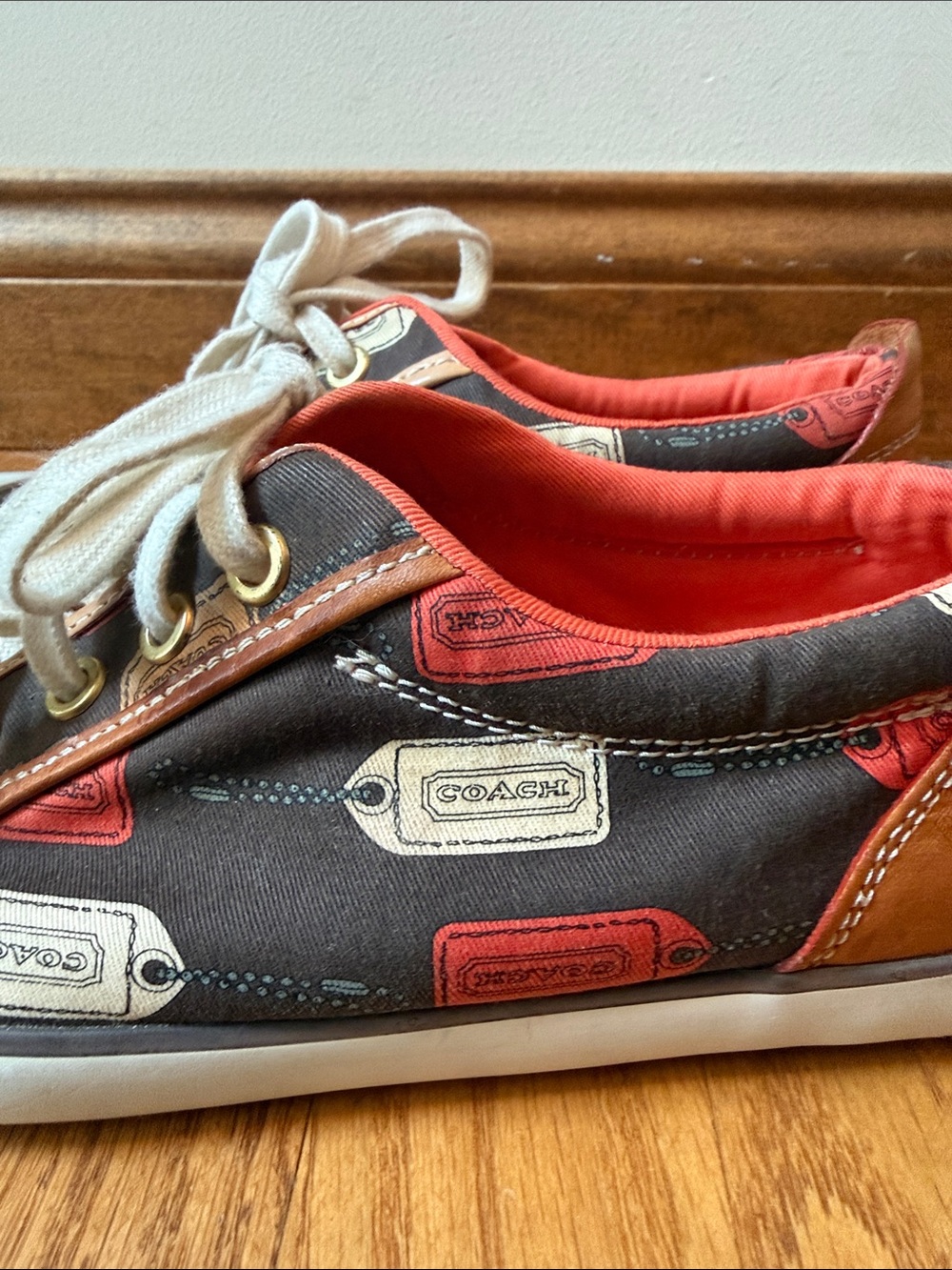 COACH Barrett Hangtag Print Sneakers Women 8M Brown Orange Canvas Leather A1064 - Picture 6 of 13